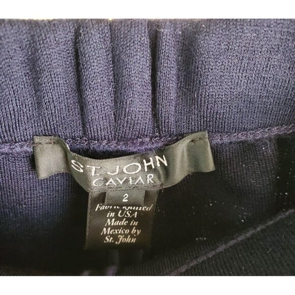 St. John Caviar Navy Knit Pants Kasia Sz 2 Wool Blend Pull-On Luxe Trousers NWT - Picture 2 of 8